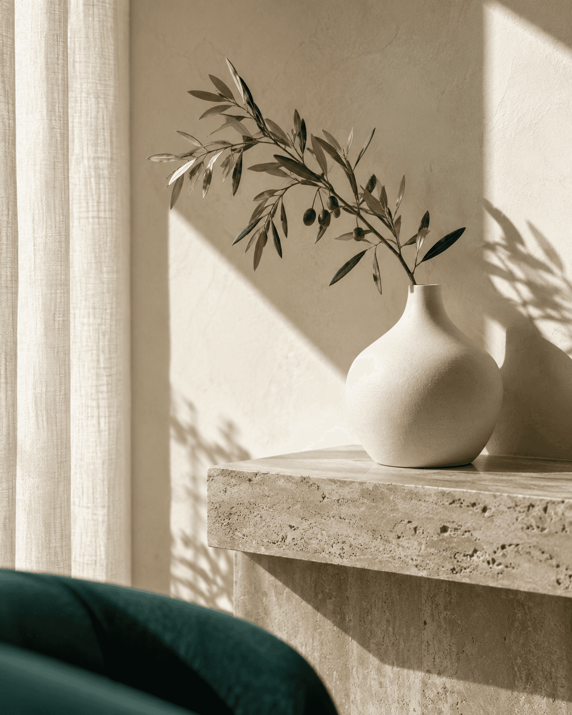 An olive branch in a ceramic vase on a pale stone ledge