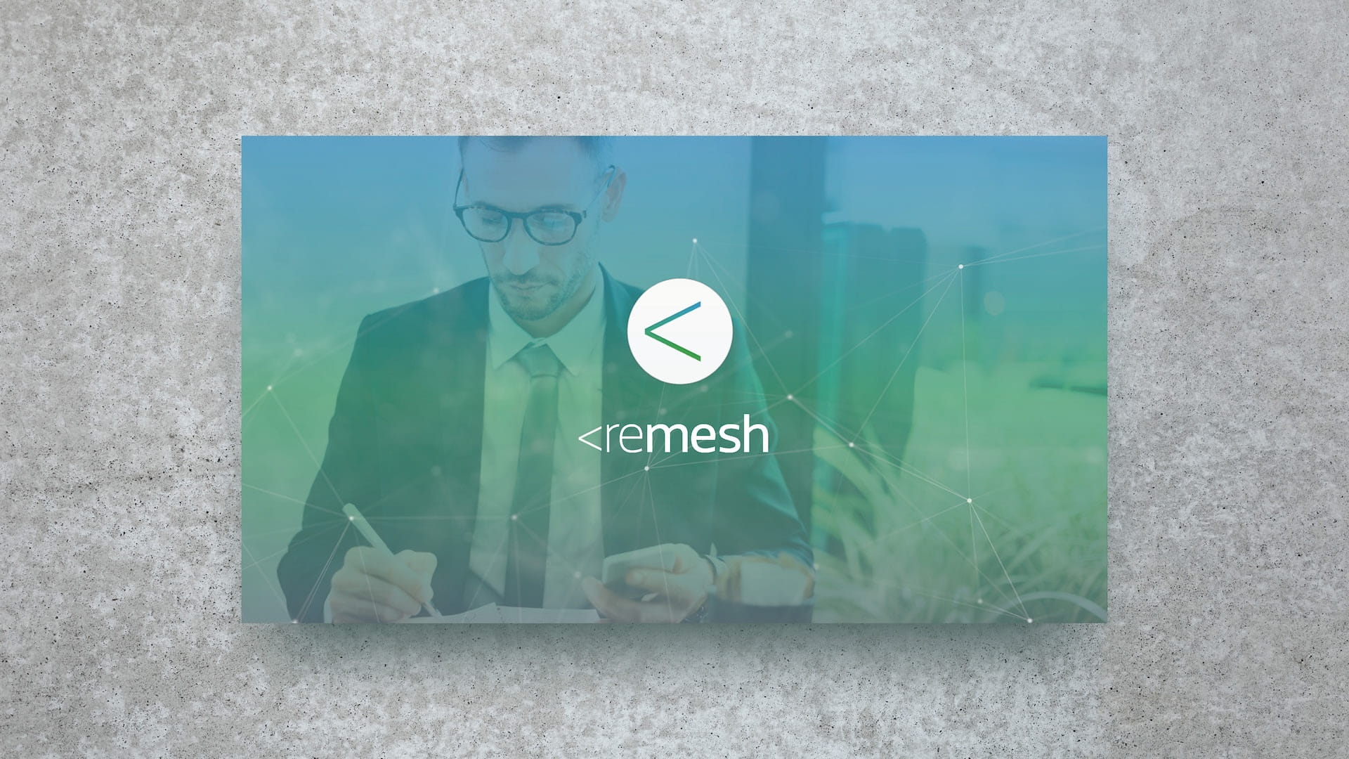 Remesh AI Series A pitch deck title slide showcase - branded cover with logo, teal gradient background, and network visualization designed by Chadd Weston