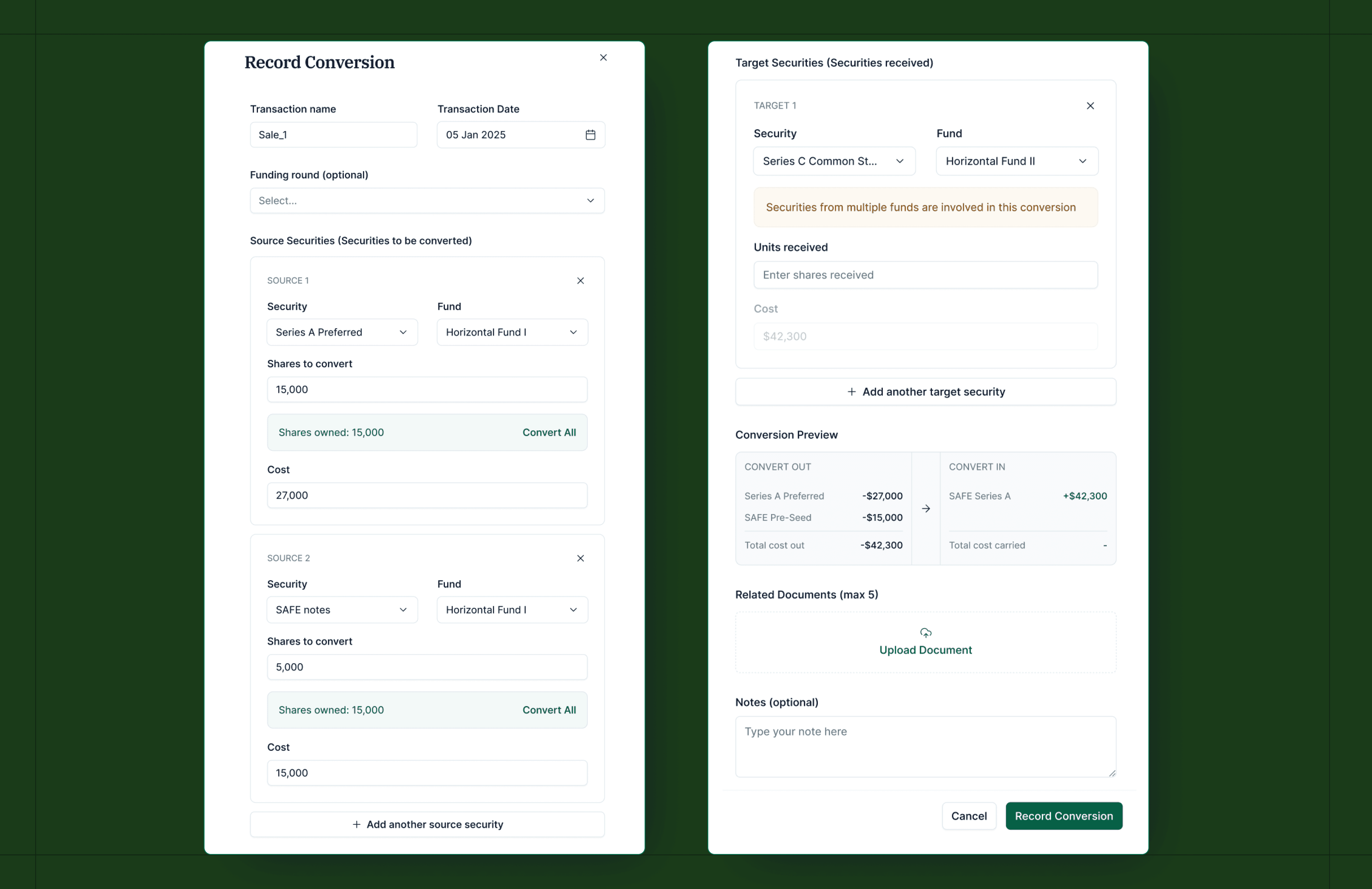 Record a security conversion with source and target securities, cost basis transfer, and a live conversion preview