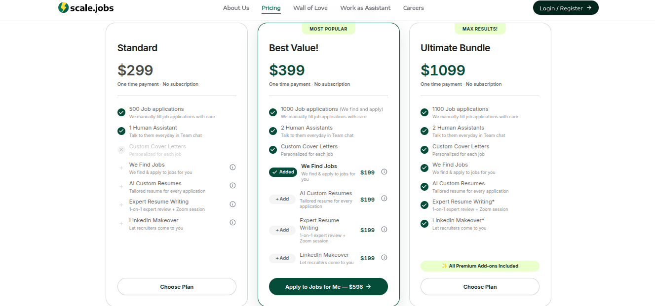 Scale.jobs human-assistant plans: Standard $299, Best Value $399, Ultimate Bundle $1,099