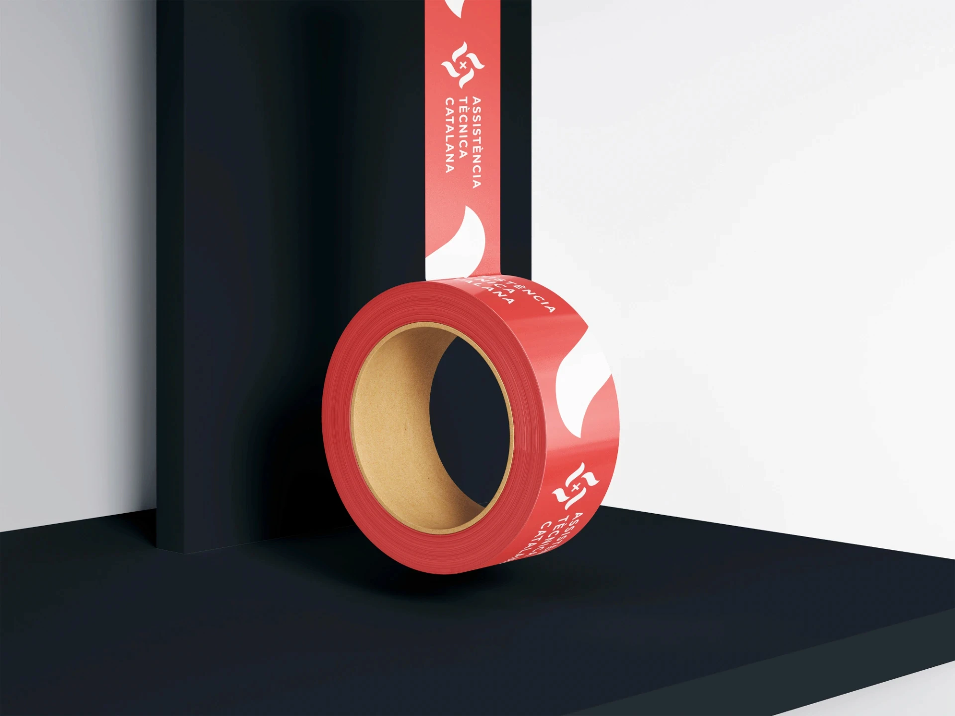 Red branded tape with 'Assistència Tècnica Catalana' logo. Packaging design Barcelona.