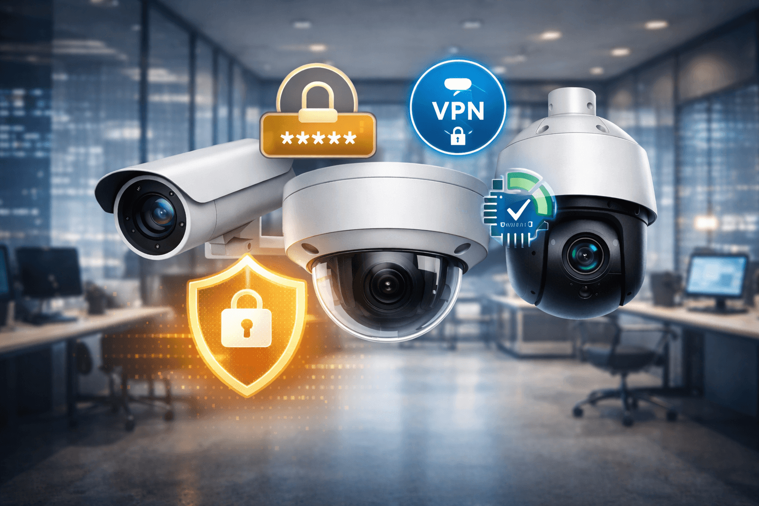 ‘Câmeras de segurança IP com acesso remoto protegidas por VPN, senhas fortes e camadas de segurança.”