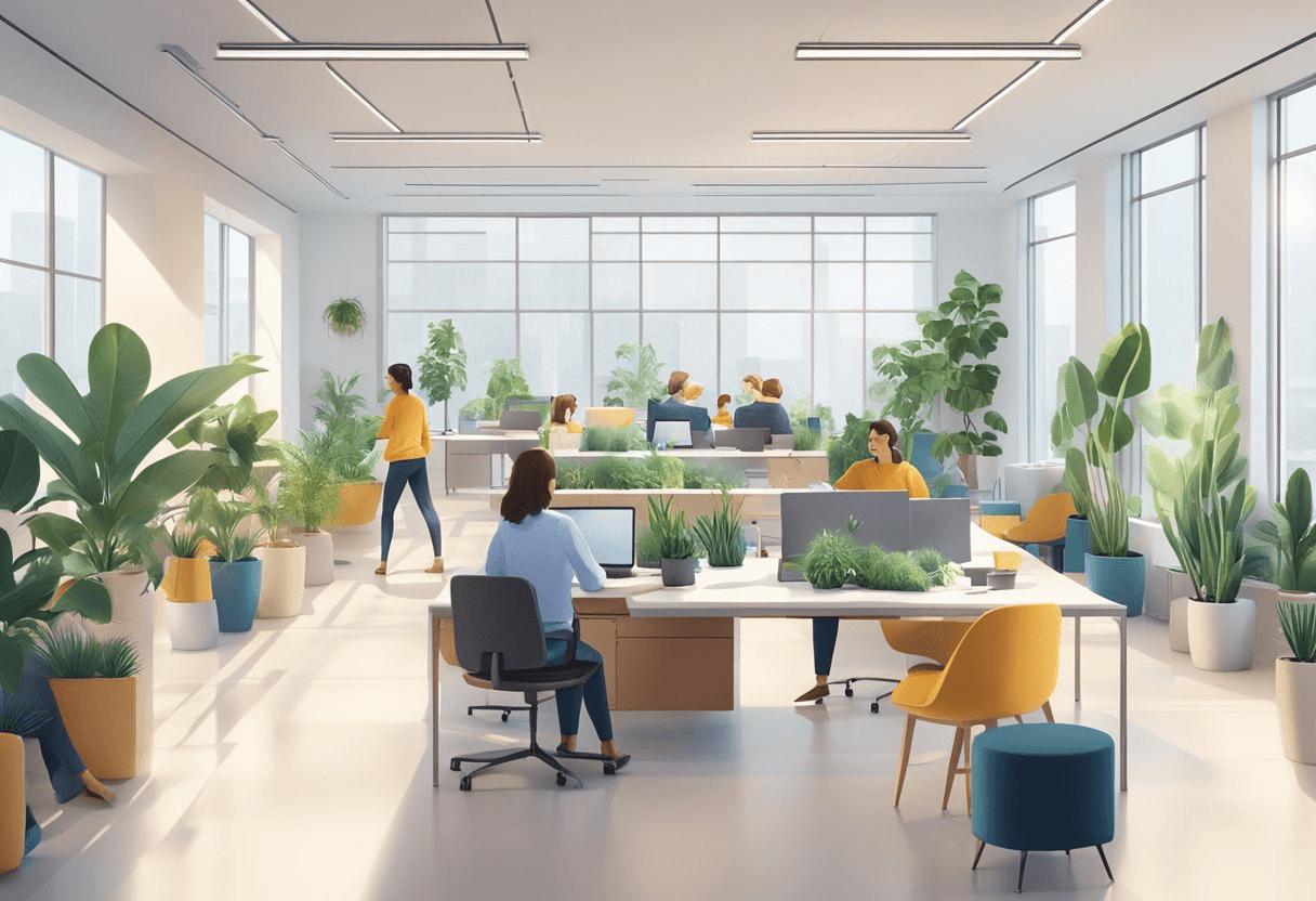 A bright, open office space with plants, natural light, and comfortable seating. Employees are engaged in collaboration and conversation, with a sense of positivity and teamwork evident