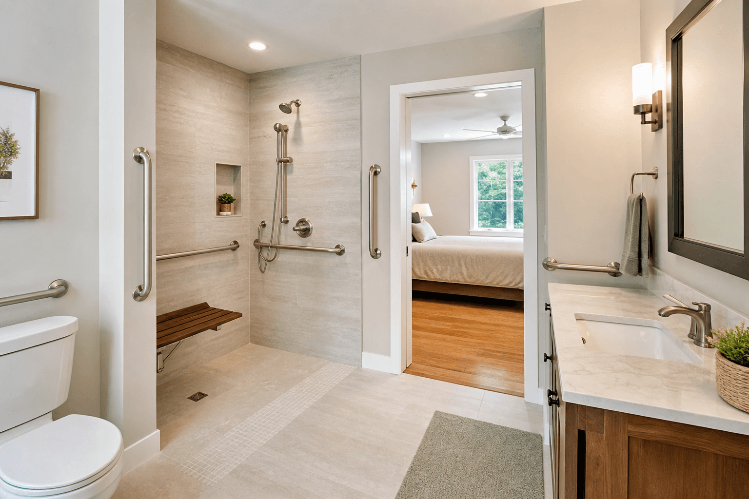 Accessible bathroom renovation with grab bars and curbless shower in a modern North Carolina home