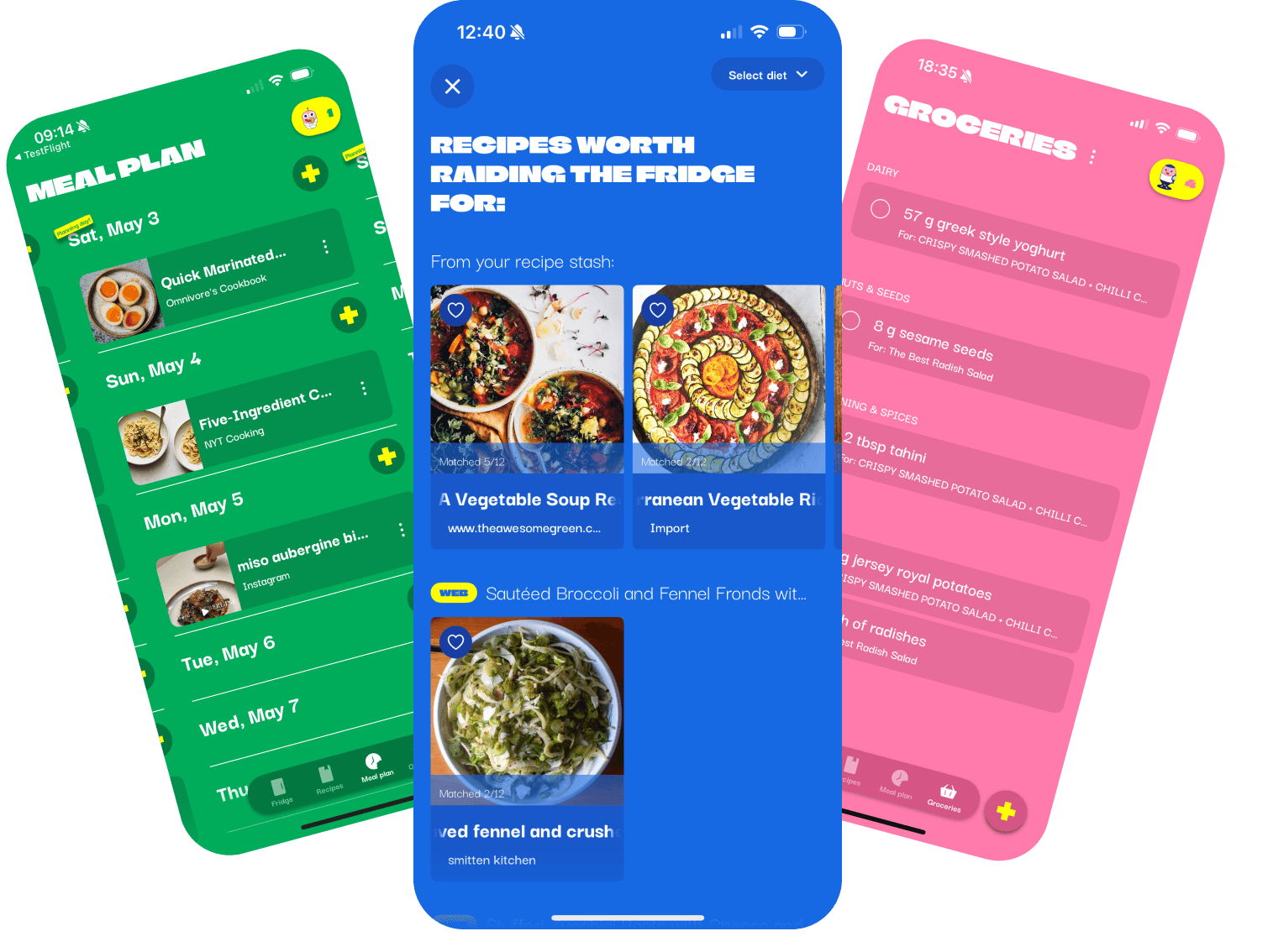 Three app screenshots of OH, a potato! showing the recipe suggestions, meal plan and groceries screens