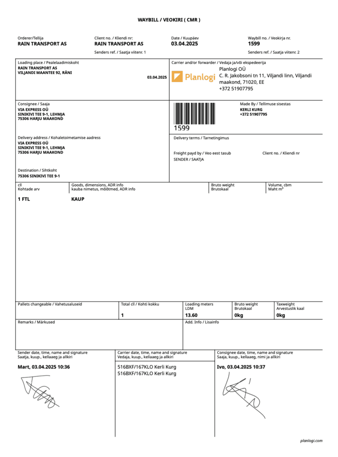 Planlogis loodud e-veoseleht (eCMR)
