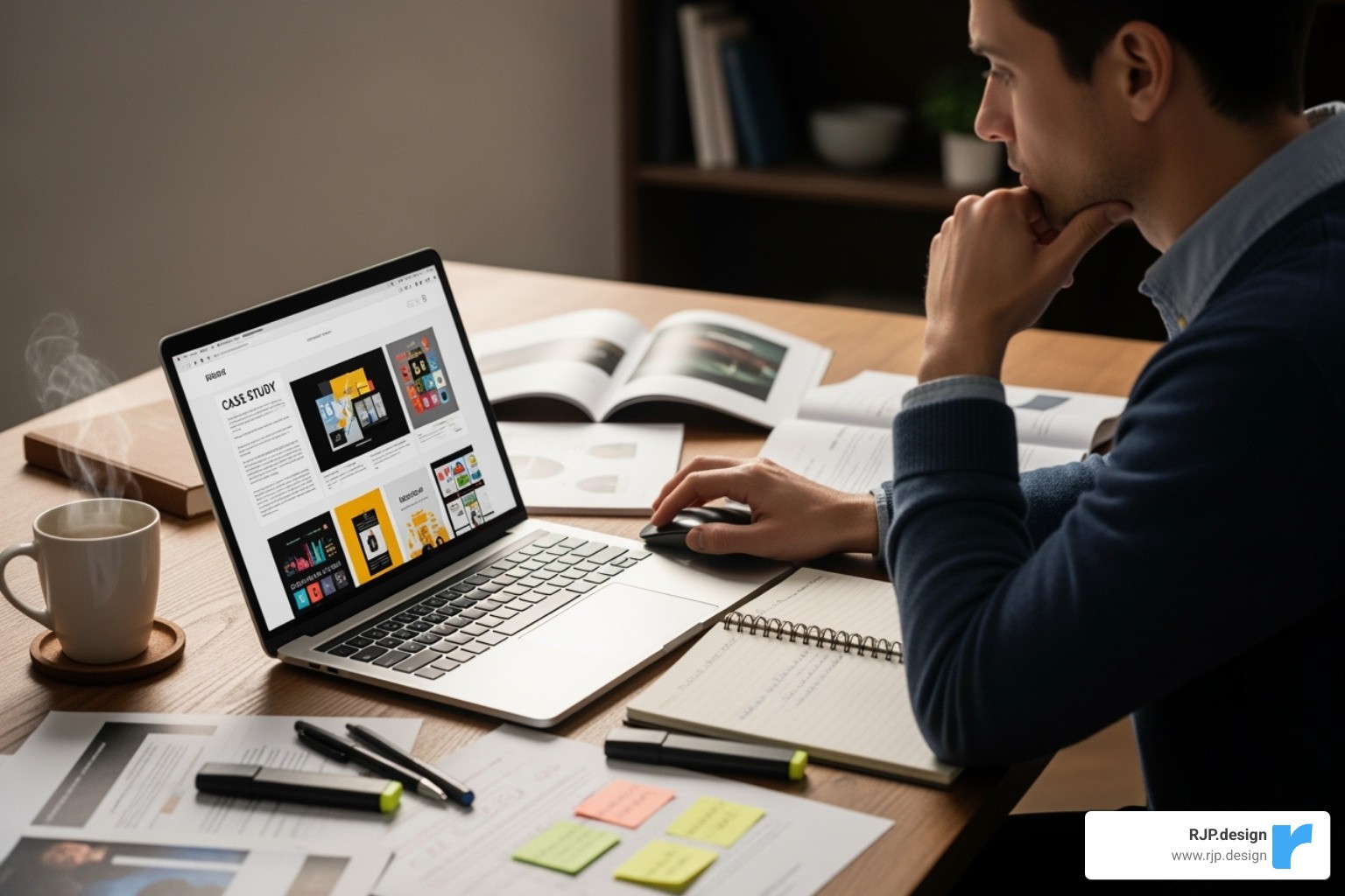 A person thoughtfully reviewing agency portfolios and case studies on a laptop, with notes and research materials spread on the desk. - digital marketing and advertising services