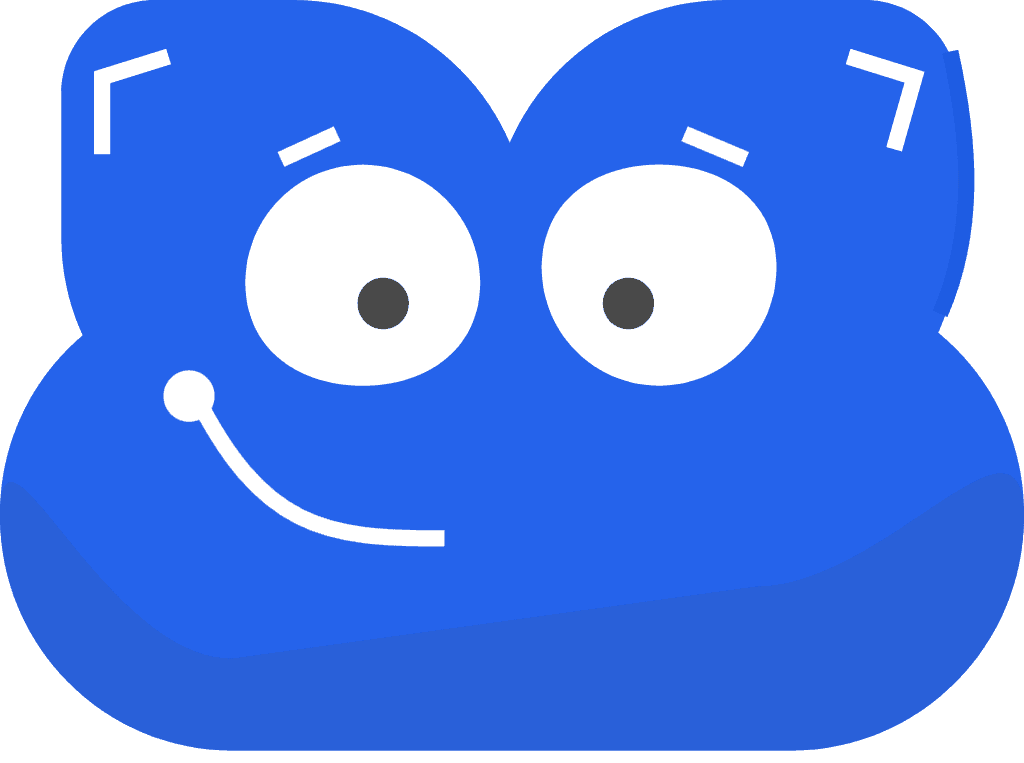 Kiki Mascot, a Smiling Blue Abstract Face with Eyes Facing Forward and Pointy Ears