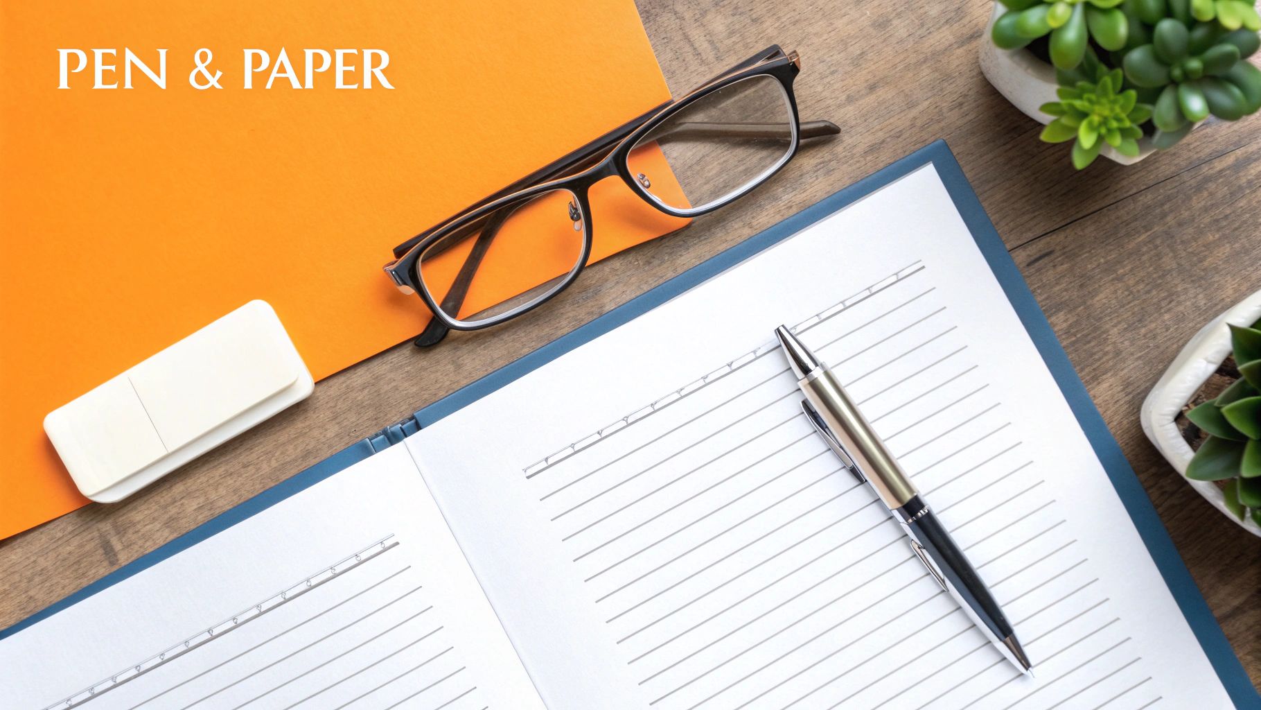 Overhead shot of a desk with an open notebook, pen, glasses, eraser, and small plants. Text reads 'PEN & PAPER'.