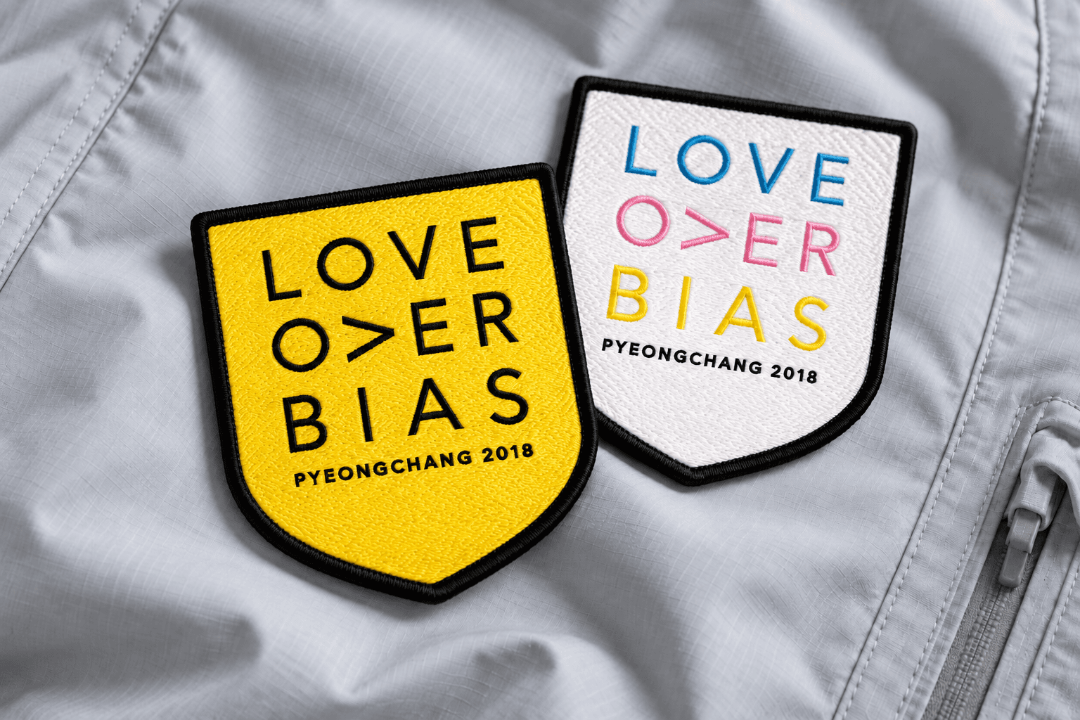 Love Over Bias ski-patch mockup for PyeongChang 2018