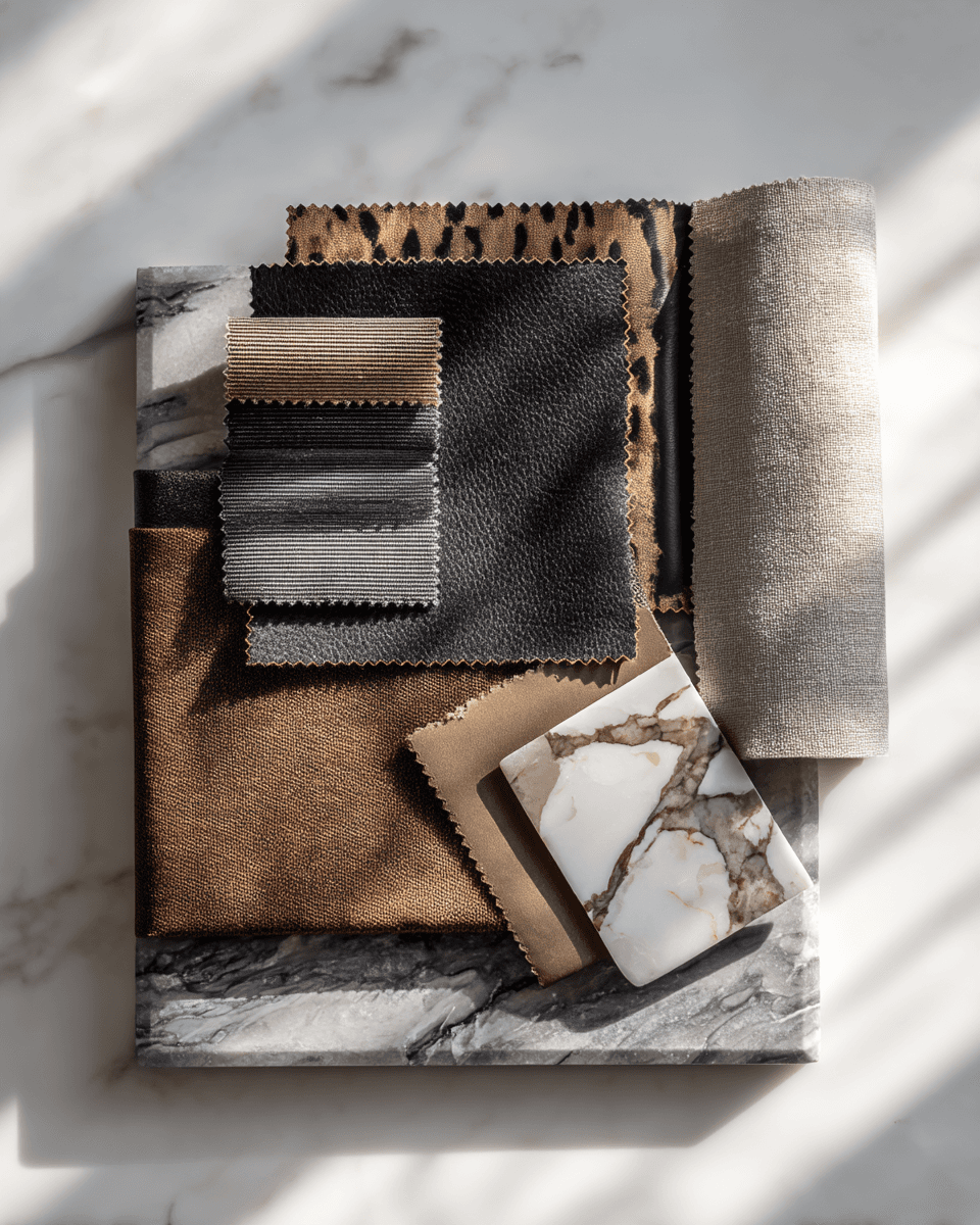 Material samples on marble with shadows