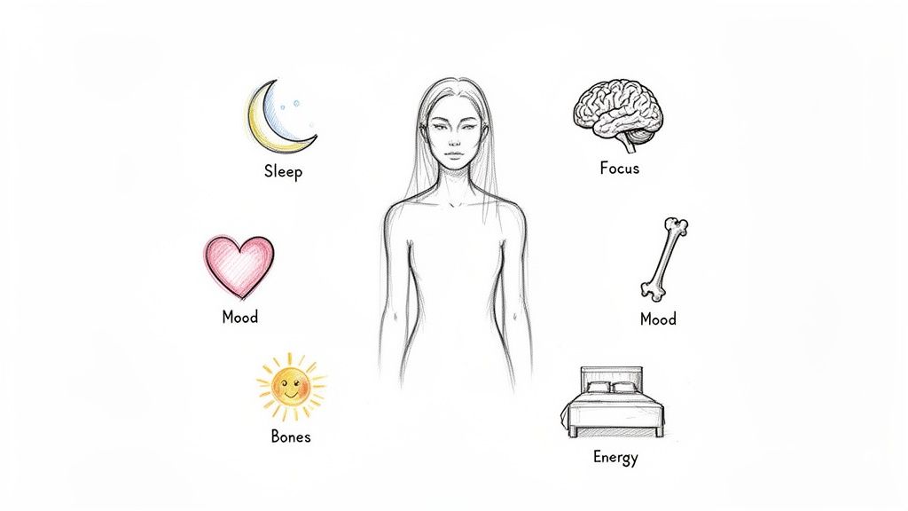 A line drawing of a woman's body surrounded by icons for sleep, focus, mood, bones, and energy.