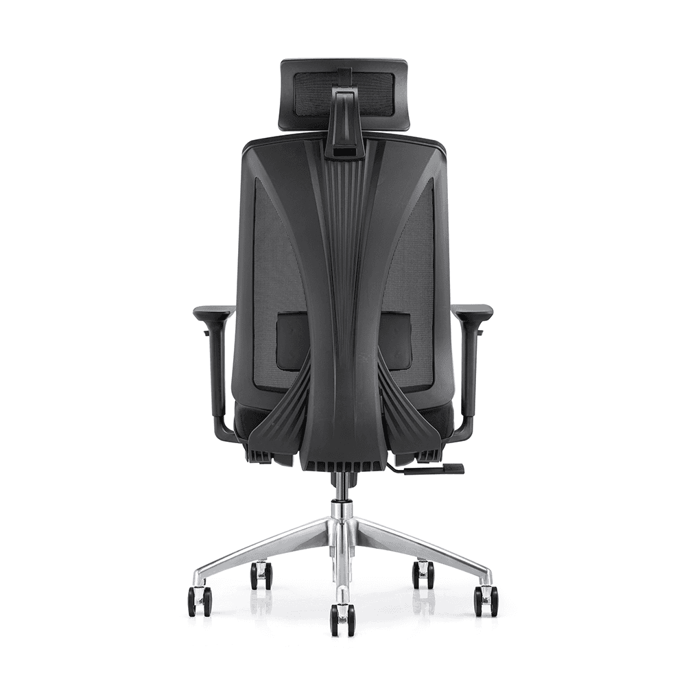 Modern black mesh office chair with lumbar support and chrome-finished base, designed for ergonomic comfort and professional aesthetics.