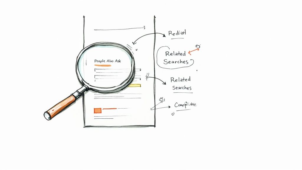Magnifying glass examining search results page showing People Also Ask and Related Searches sections
