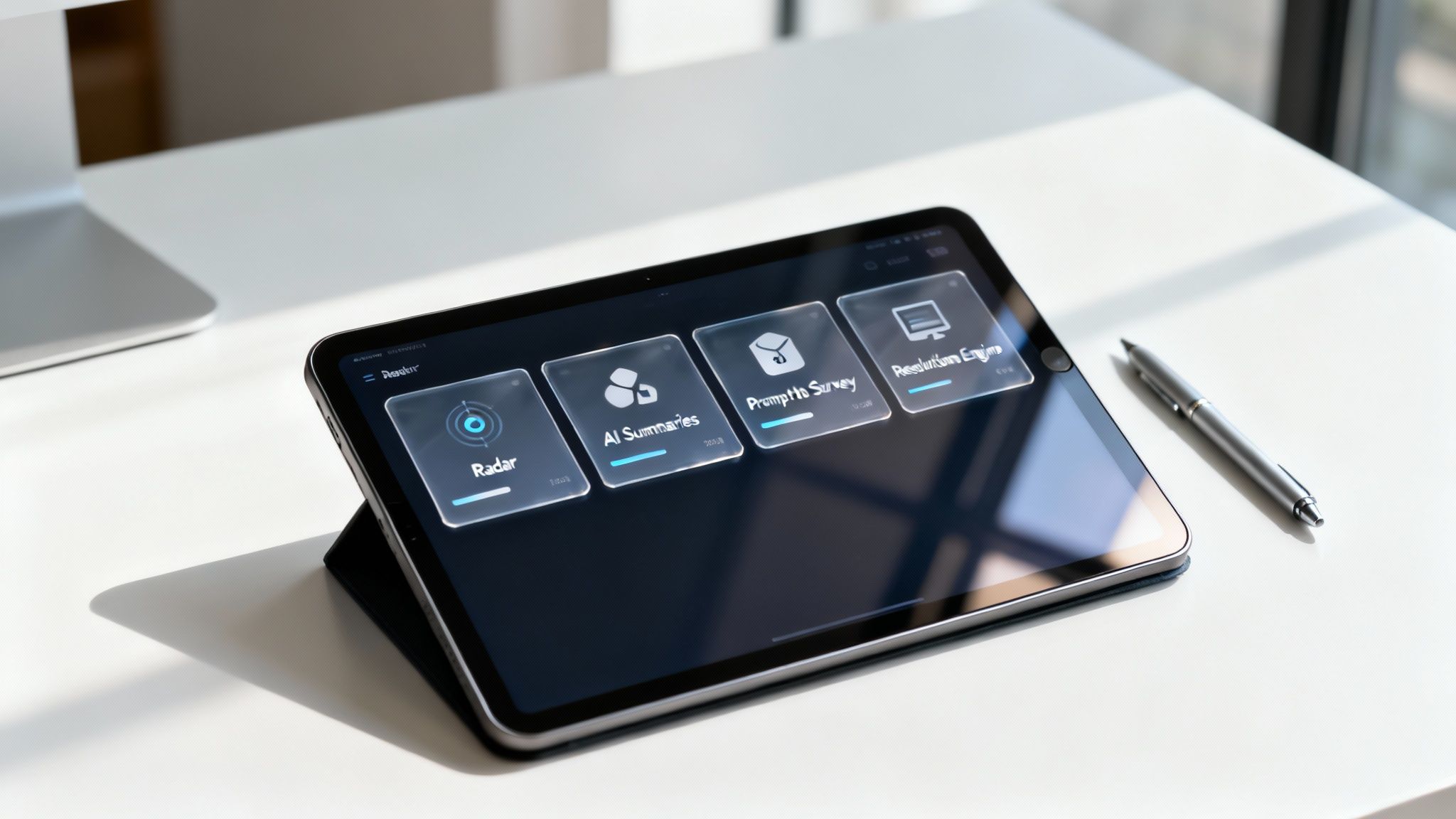 An iPad displaying a dark-themed dashboard with various applications like Radar and AI Summaries on a white desk.