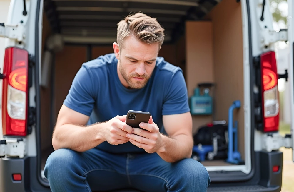 plumber-sitting-on-his-service-vans-back-step-head-in-hands-looking-at-his-phone