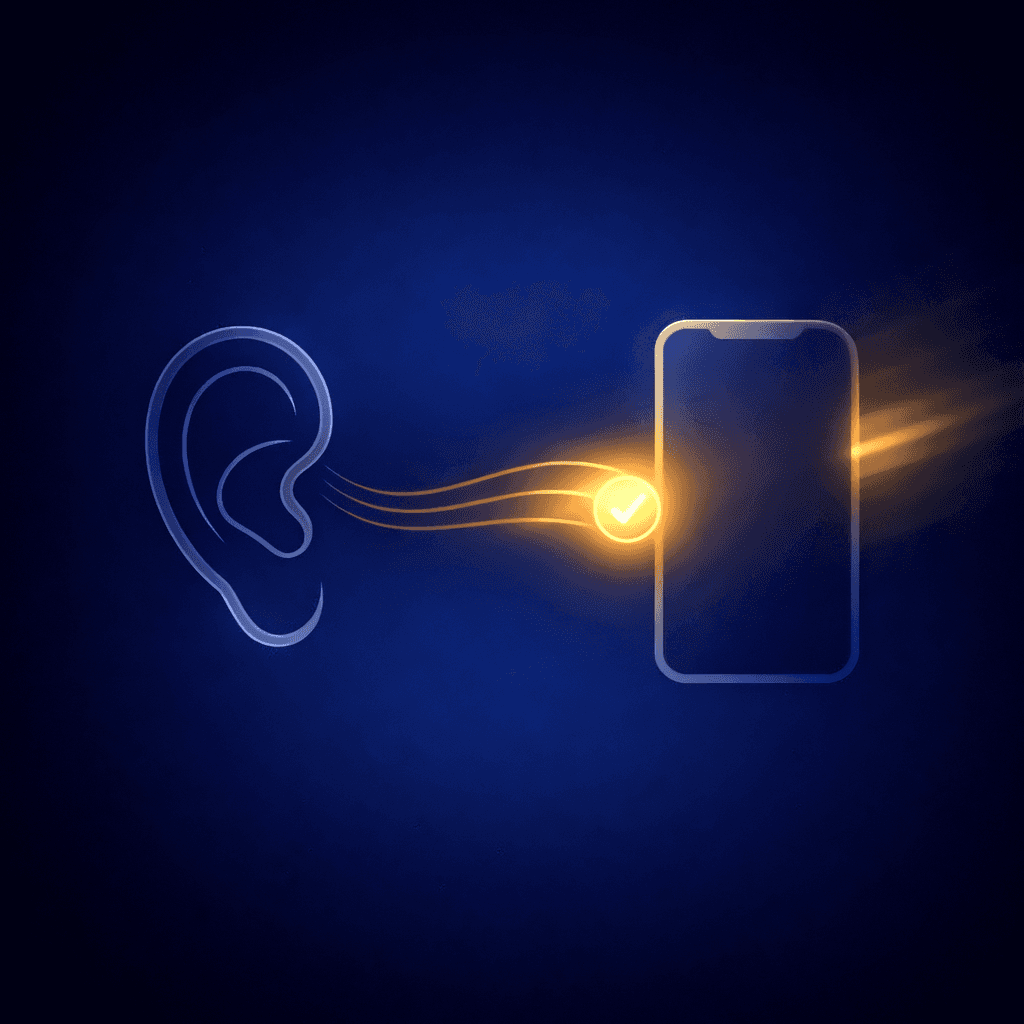 A minimalist illustration on a dark blue gradient background showing an outlined ear on the left connected by glowing lines to a smartphone outline on the right, with a bright yellow checkmark icon between them indicating a successful connection or setup.