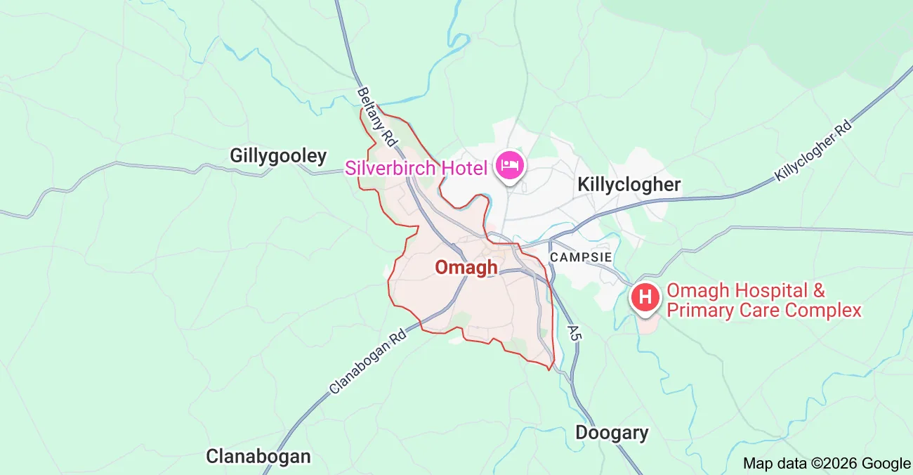 Map showing Omagh, Silverbirch Hotel, and Omagh Hospital.