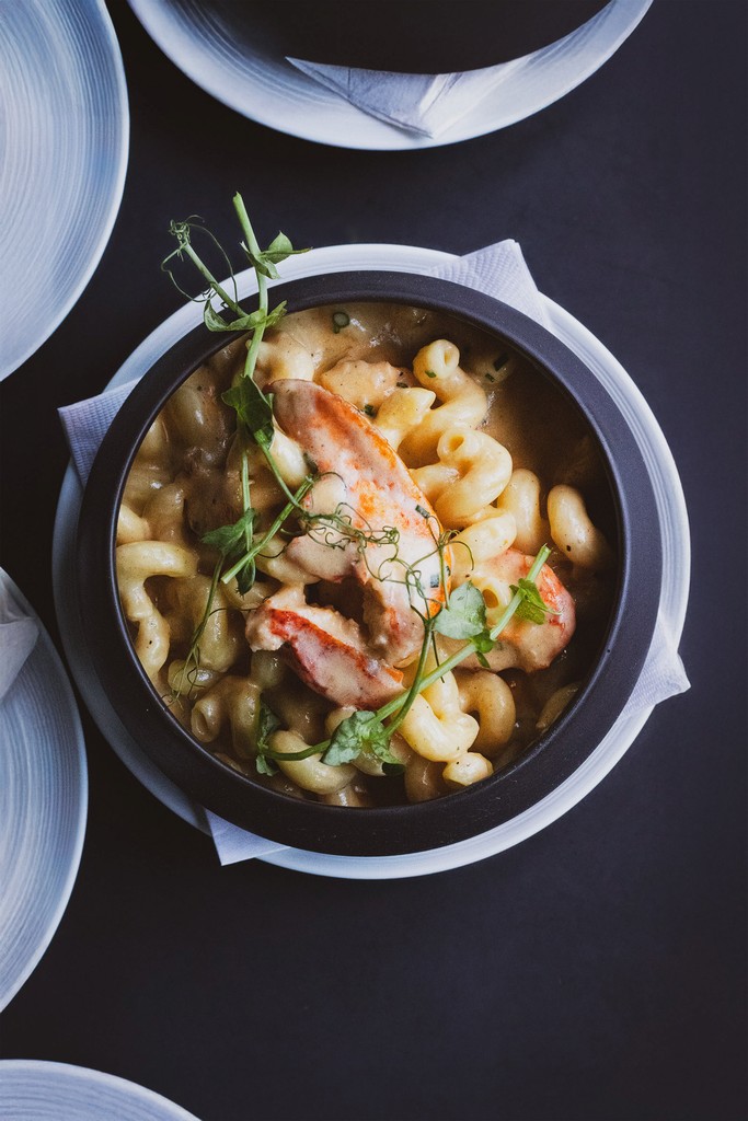 Overhead view of a bowl of lobster mac and cheese. The pasta is creamy and topped with lobster meat and pea shoots.