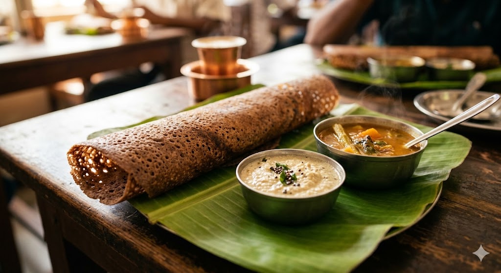 A rolled ragi dosa served on a banana leaf with bowls of chutney and sambar, served in a restaurant setting.