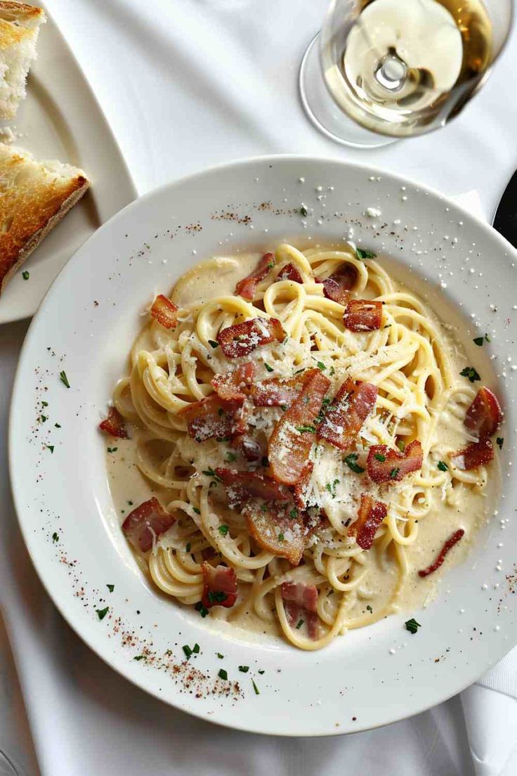 Penne Carbonara from Pasta 9 Toronto coated in creamy Alfredo with crispy bacon, onions, mushrooms, and spinach.