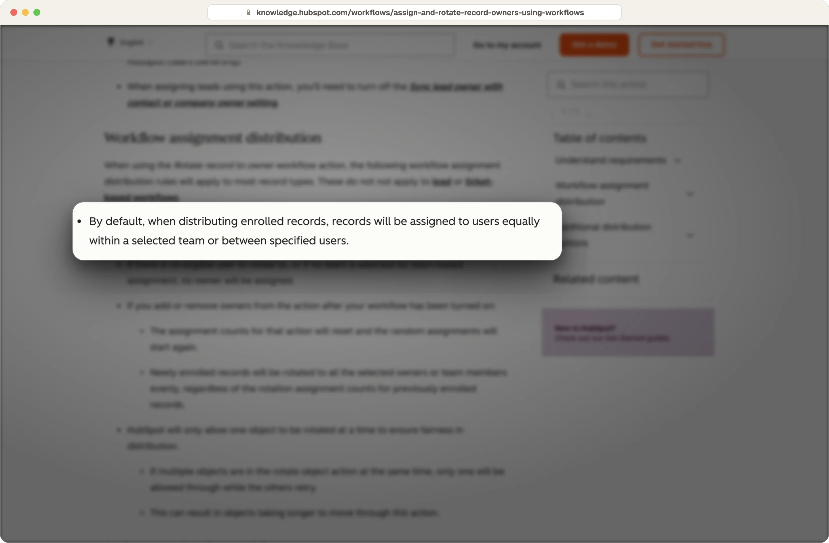 HubSpot knowledge base stating the Rotate record to owner action assigns records to users equally