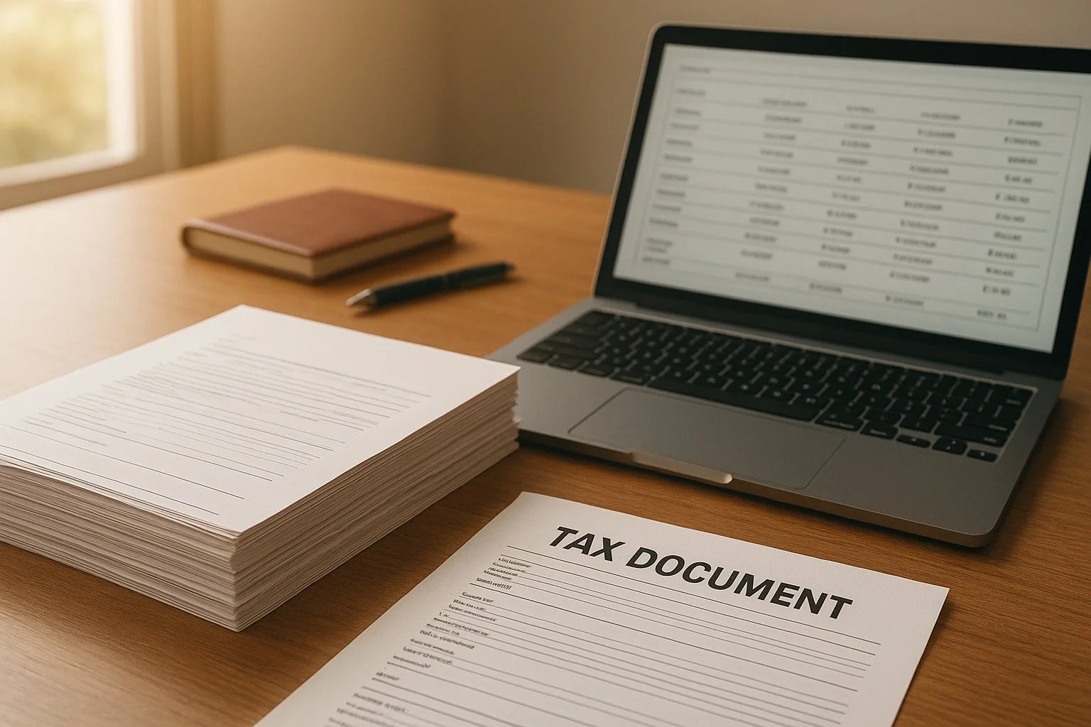 Calm workspace with neatly stacked final tax documents, a laptop showing completed calculations, and warm natural light creating a professional yet relaxed atmosphere.