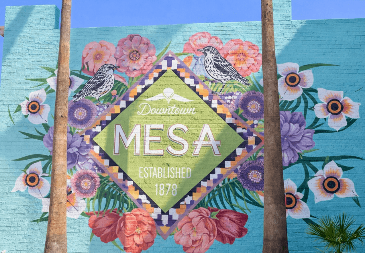 Vibrant public art mural in downtown Mesa, Arizona
