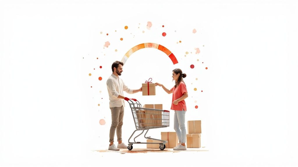 A happy couple exchanges a gift box, standing by a shopping cart filled with packages.