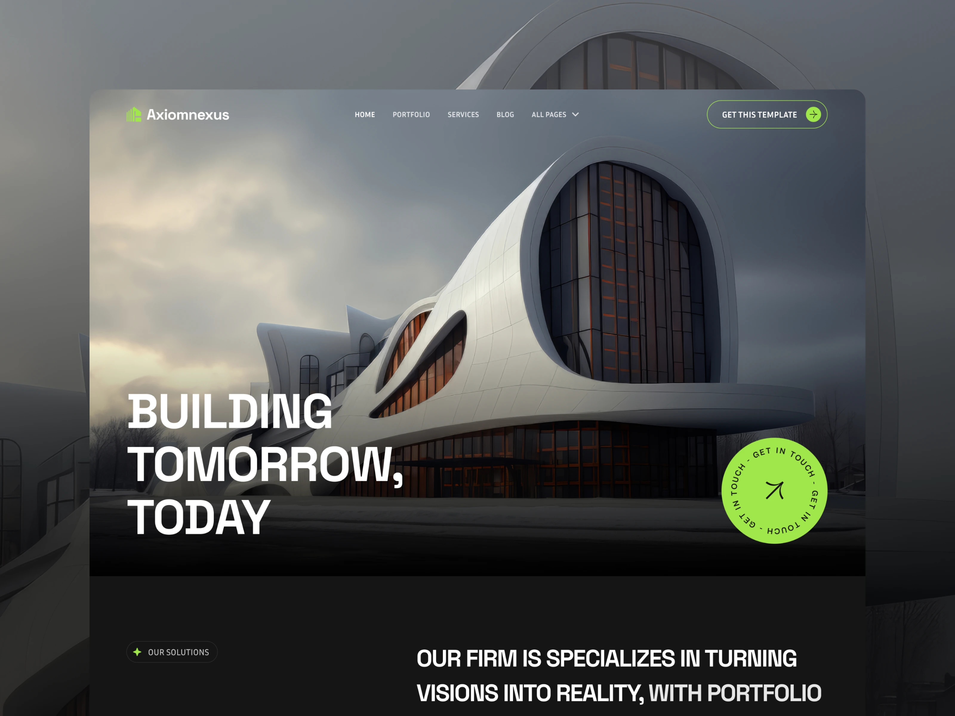 Architecture firm website hero with futuristic building, bold headline, and green CTA badge