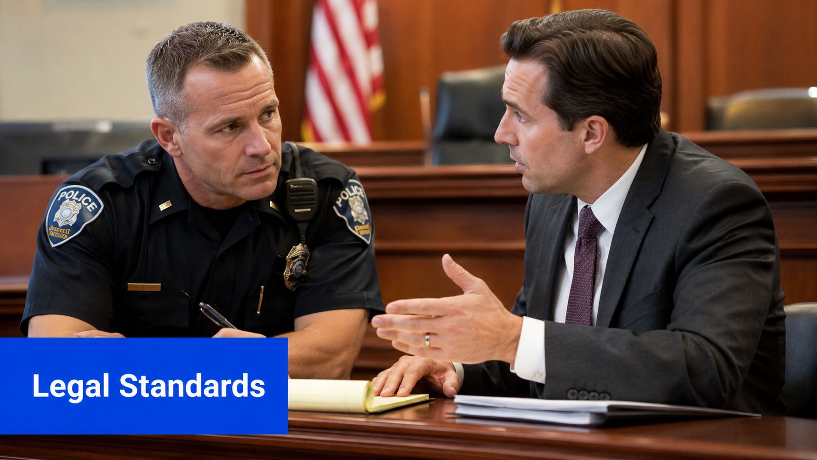 A police officer and a lawyer having a serious conversation inside a courtroom during a legal trial.