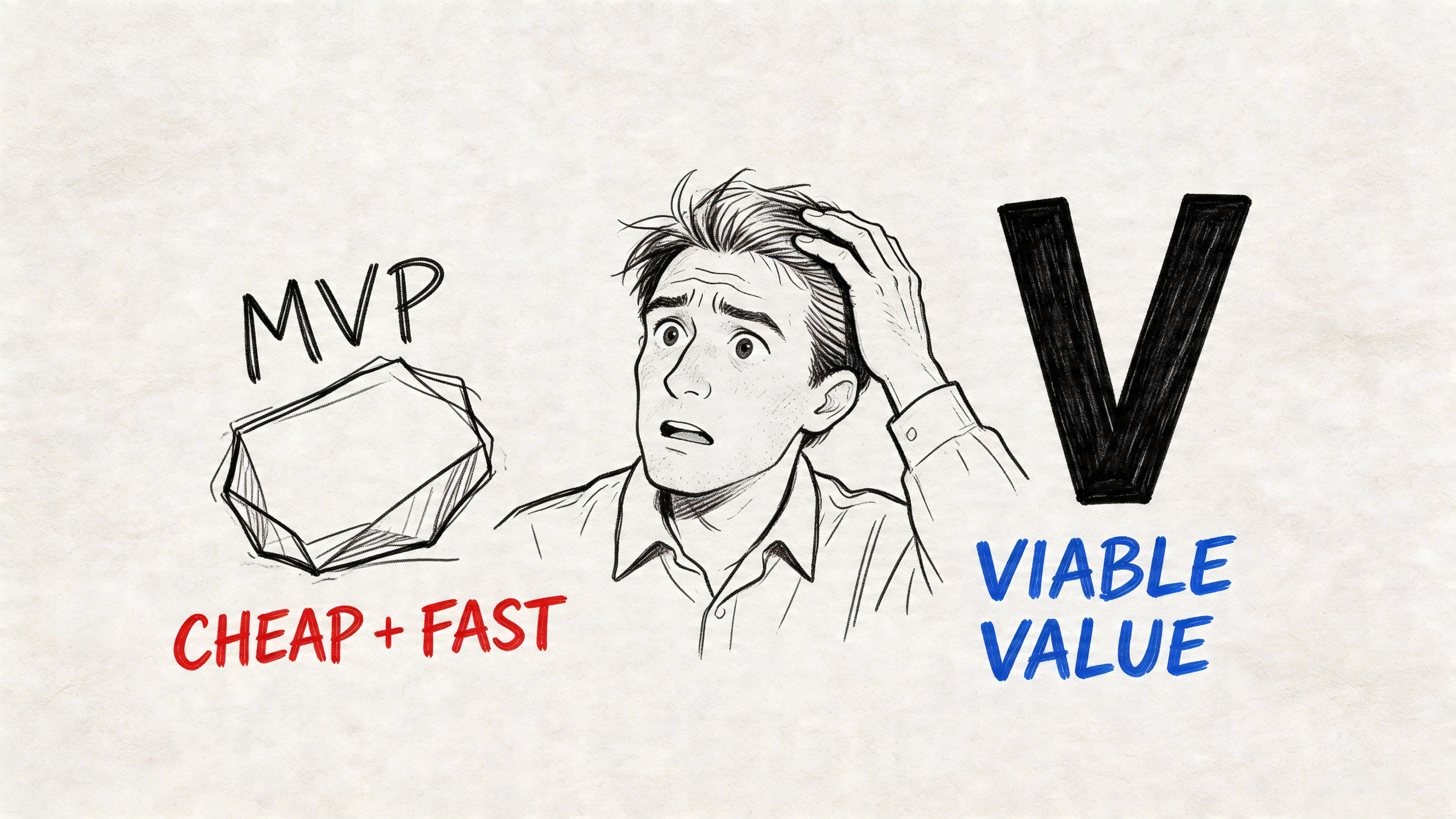 A confused person deciding between a quick MVP and a valuable product, illustrating software development choices.