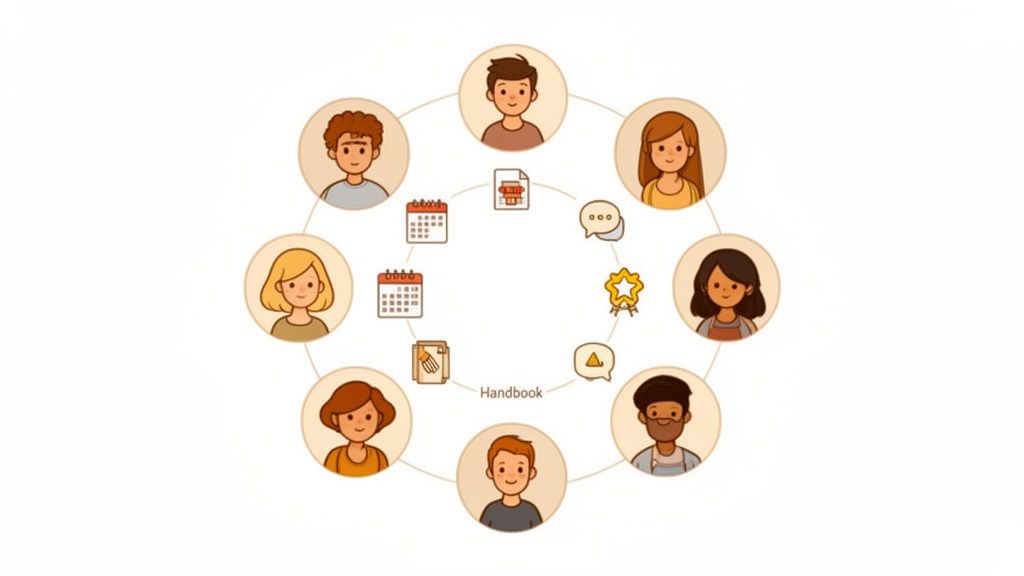 Illustrative diagram showing diverse people connected by icons for scheduling, documents, and communication.