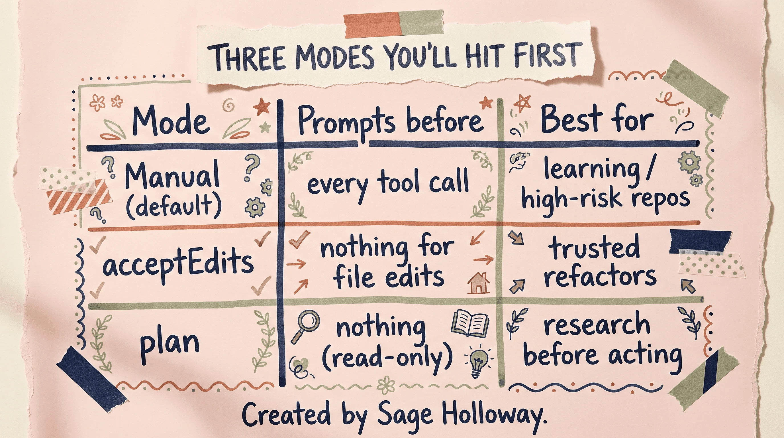 Table comparing Claude Code interactive permission modes: manual, acceptEdits, and plan