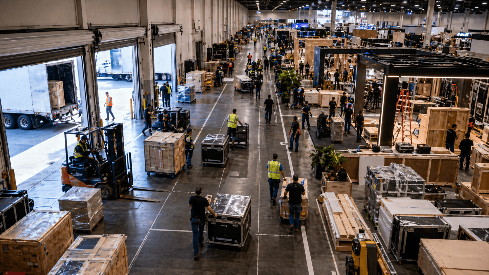 Trade show freight moving from dock access to booth staging inside a Las Vegas convention hall, showing how delivery timing affects installation flow