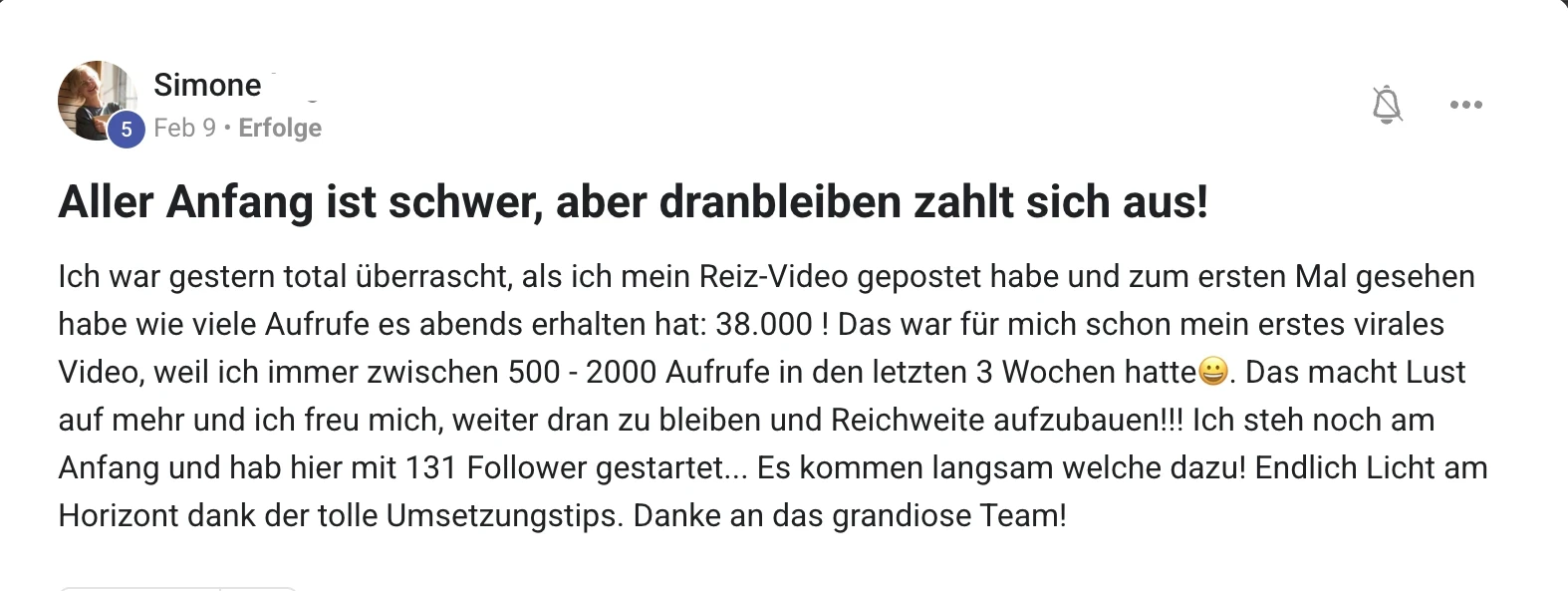 Kundenstimme KI Creator Akademie: Simones erstes virales Video erreicht 38.000 Instagram-Aufrufe