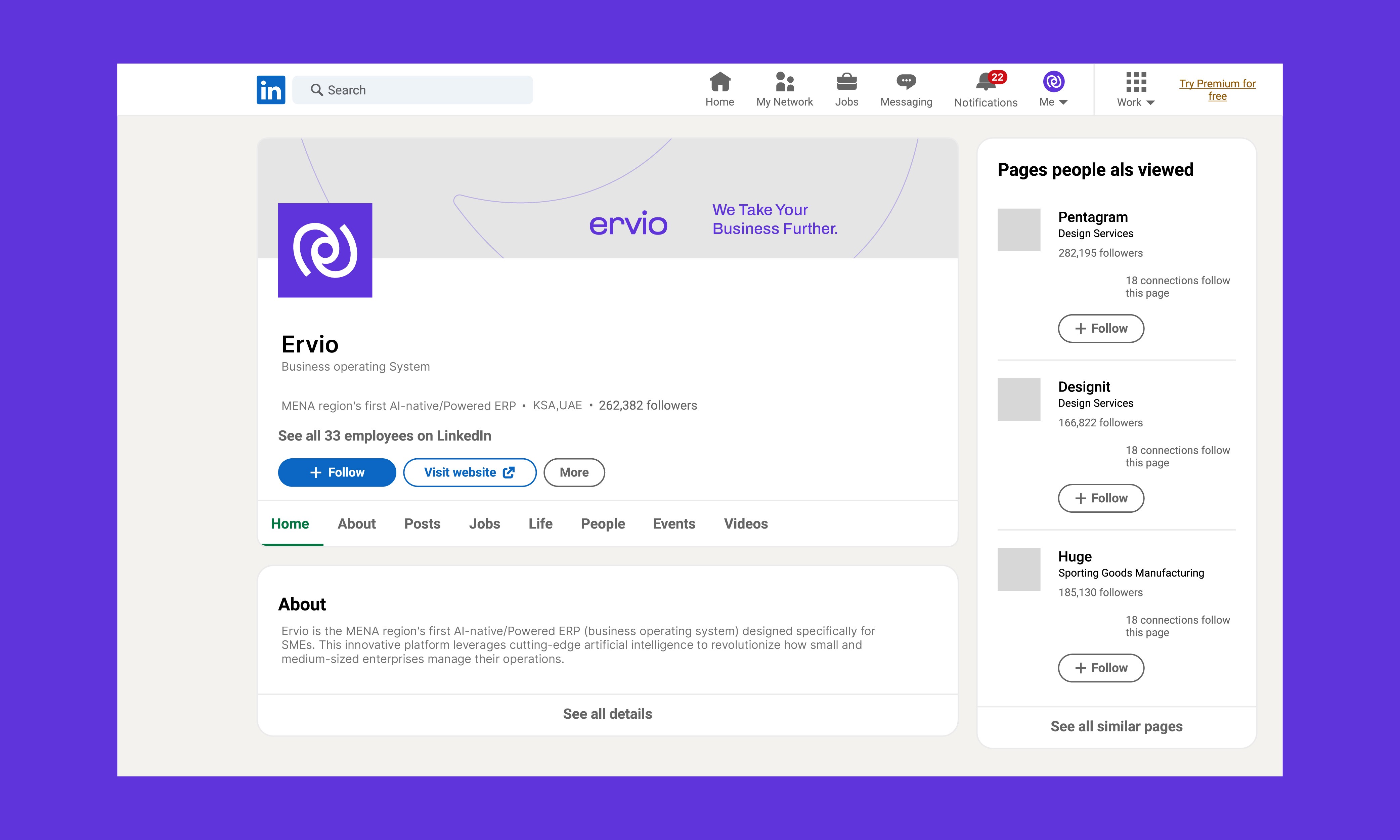 Ervio linkedin Profile for the first AI Powered ERP Platform for SMEs.