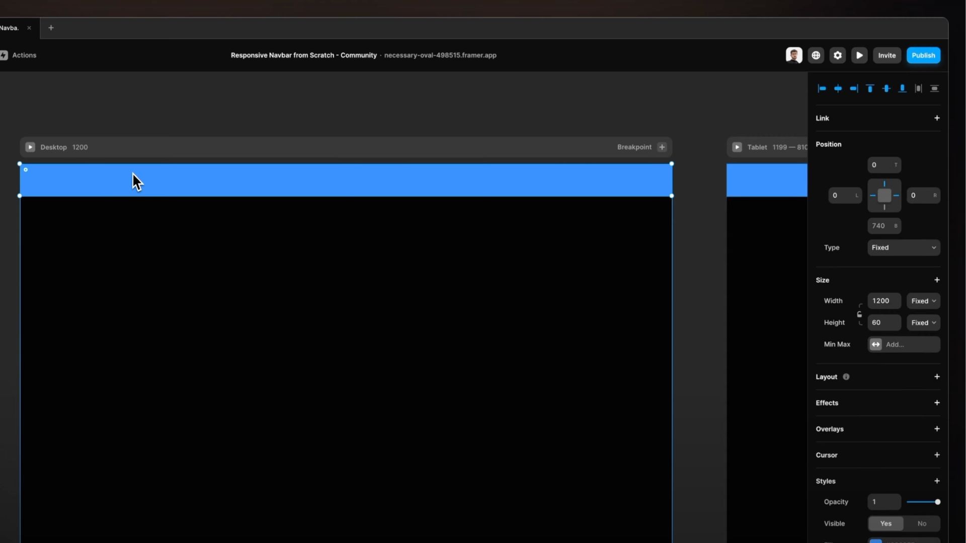 Screen capture of a design interface showing the development of a responsive navigation bar with desktop and tablet breakpoints, tools for layout adjustments, and link properties on the right panel