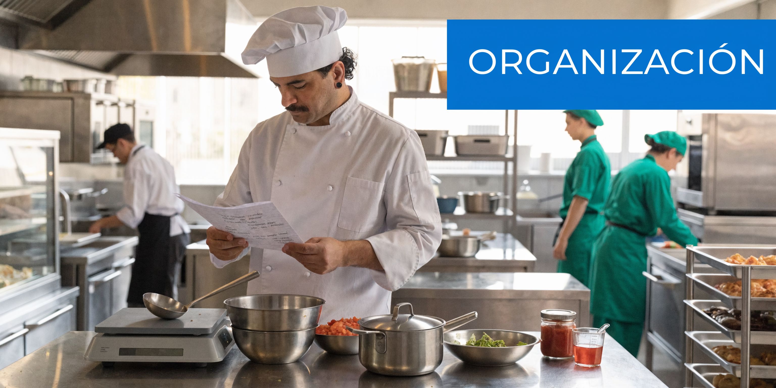 Chef profesional de cocina organizando los preparativos de comida basándose en una receta escrita en un documento.