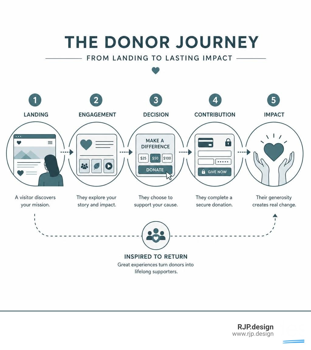 Infographic showing the donor journey on a nonprofit website from landing page to completed donation infographic