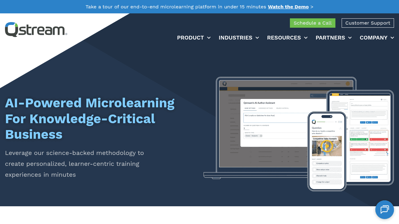 Qstream microlearning platform homepage showing Harvard-developed spaced repetition training solutions for enterprise