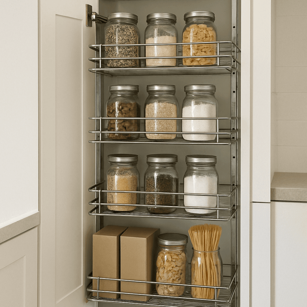 A pull-out pantry larder unit is opened, showing neatly organized jars and boxes on multiple shelves, easily visible and accessible