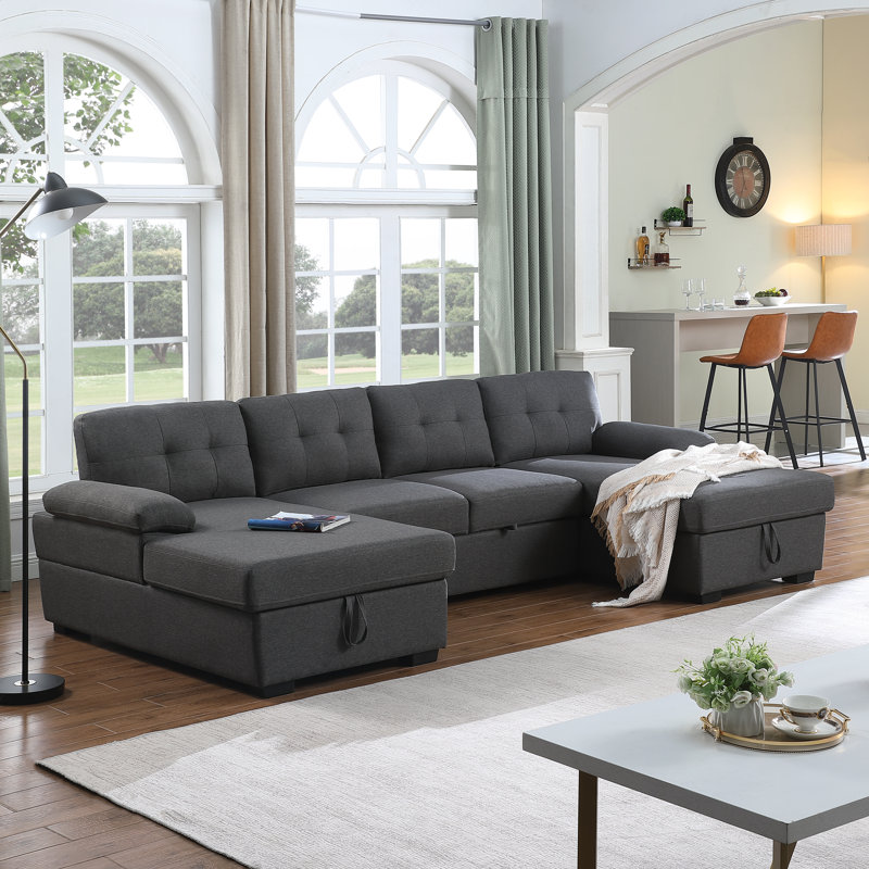 Modern double couch with a sectional layout, sleeper function, and convenient storage, perfect for large living rooms.