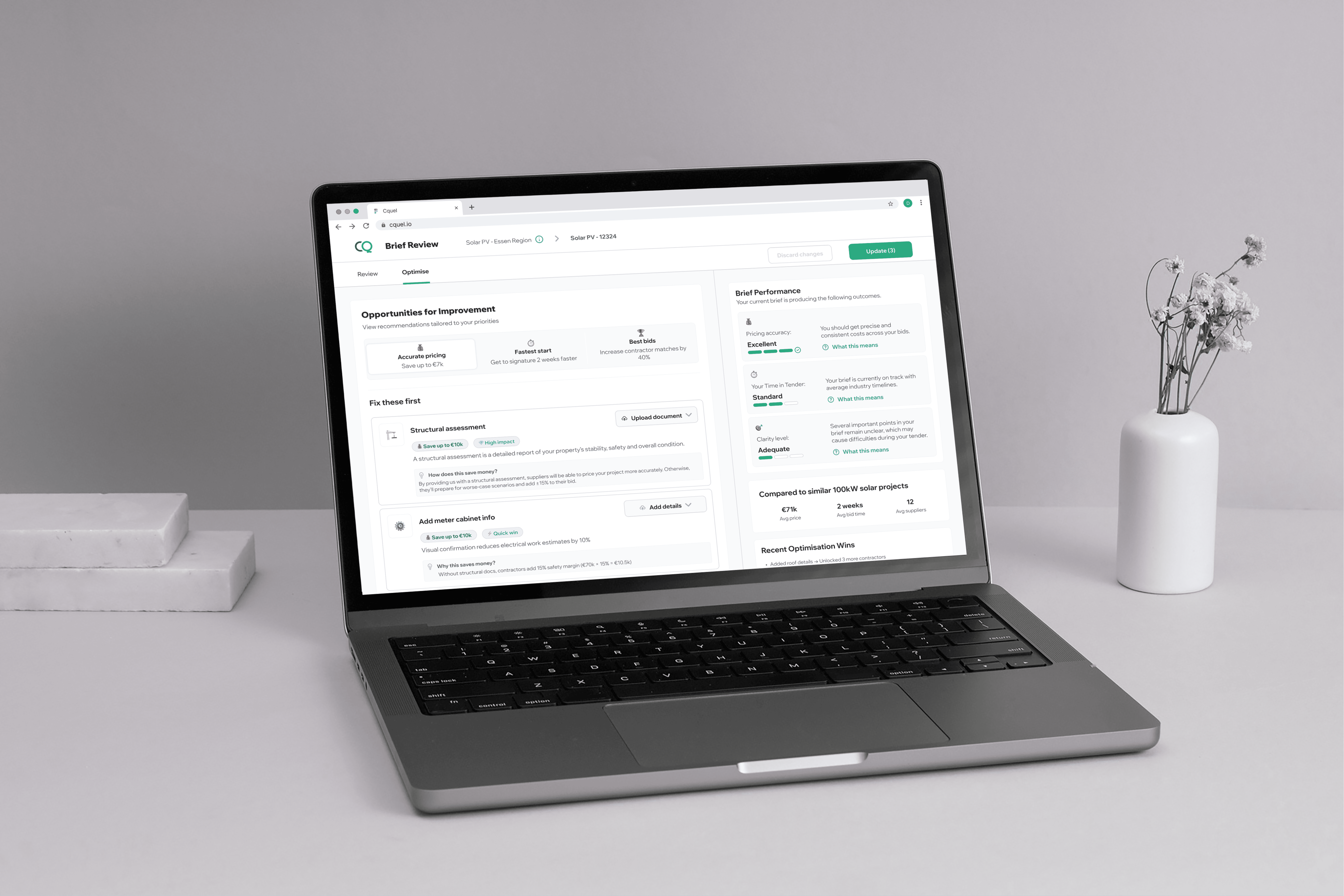 CQuel Brief Builder interface - Optimize view with improvement recommendations and performance metrics