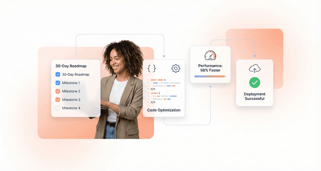 “Professional developer beside a 30-day web app roadmap with floating UI cards showing planning, coding, performance optimization, and deployment stages.”