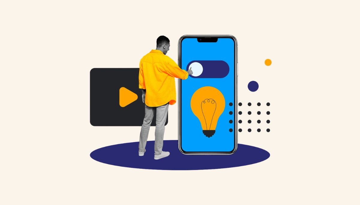 Illustration of a person interacting with a large smartphone screen showing a light bulb icon, symbolizing turning an app idea into a successful launch.