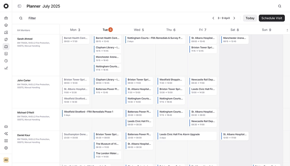 In the Onetrace Planner for July 2025, a calendar grid shows operatives’ daily site visits. Today’s date is highlighted.