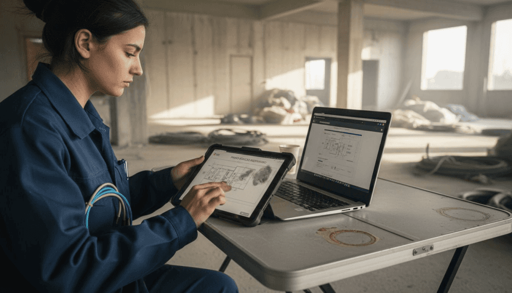 Operaio che gestisce le attività di cantiere utilizzando tablet e computer portatile