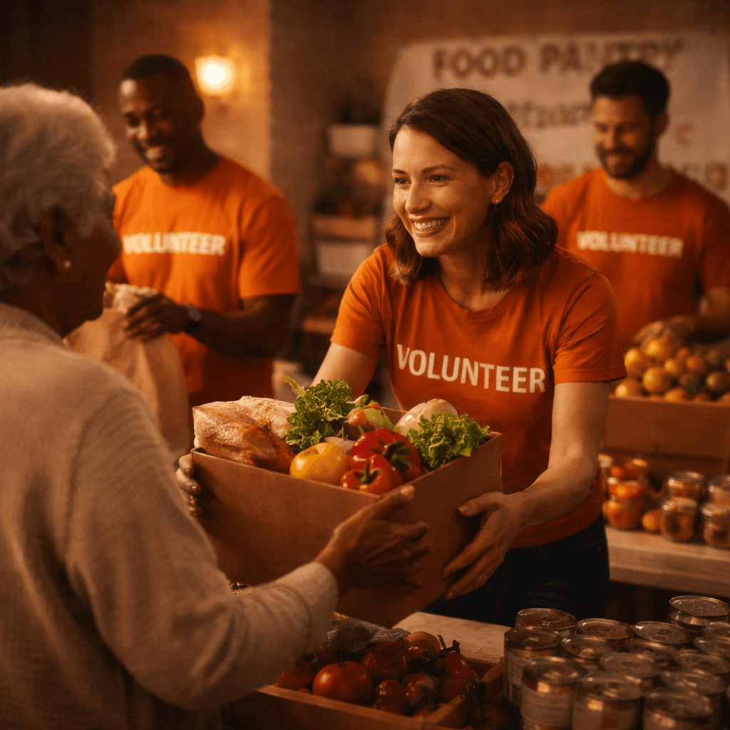 Church volunteers distributing food boxes and groceries to people in need during a community food pantry event.