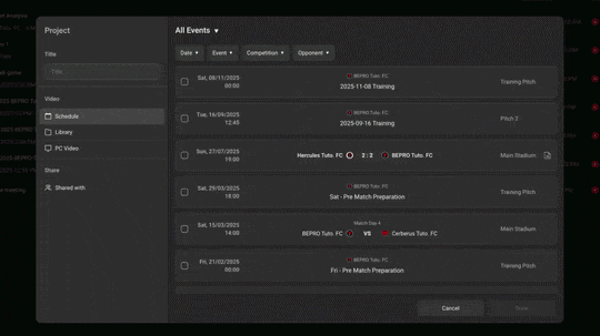 Creating an editor project from a full match or training video in the library